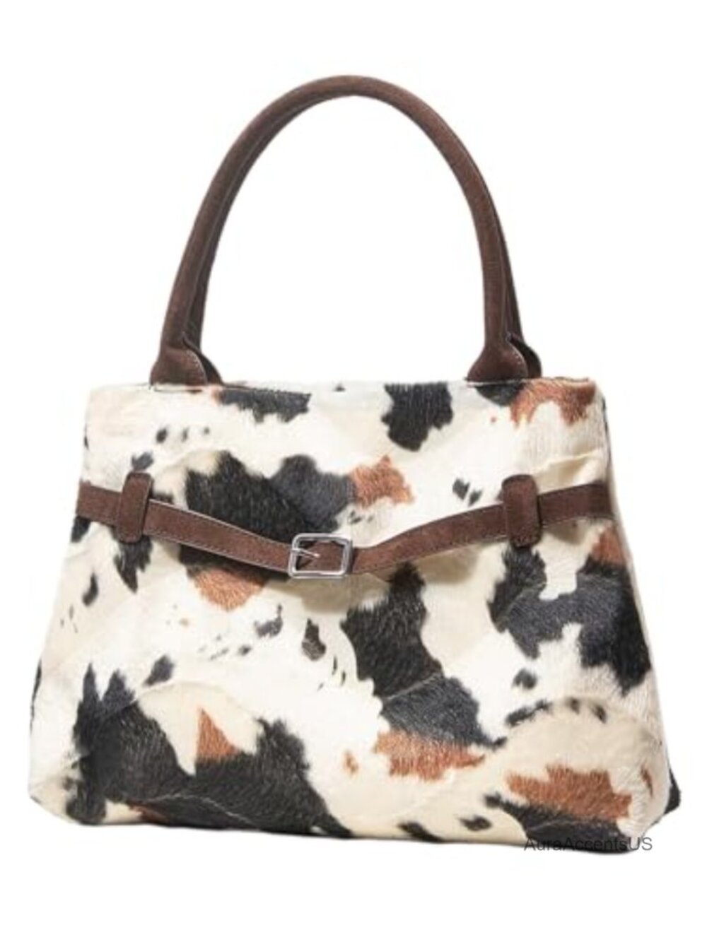 Faux Suede Cow Print Satchel Handbag with Magnetic Closure & Buckle